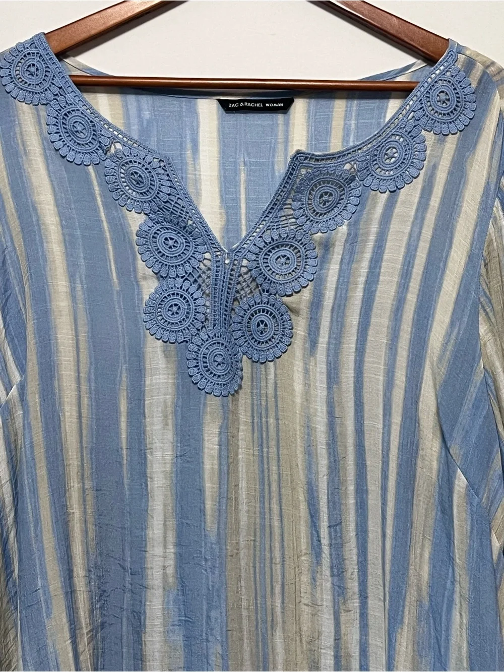 ZAC & RACHEL Boho Blue Striped Tunic Top 3X Crochet Trim Bell Sleeve Flowy